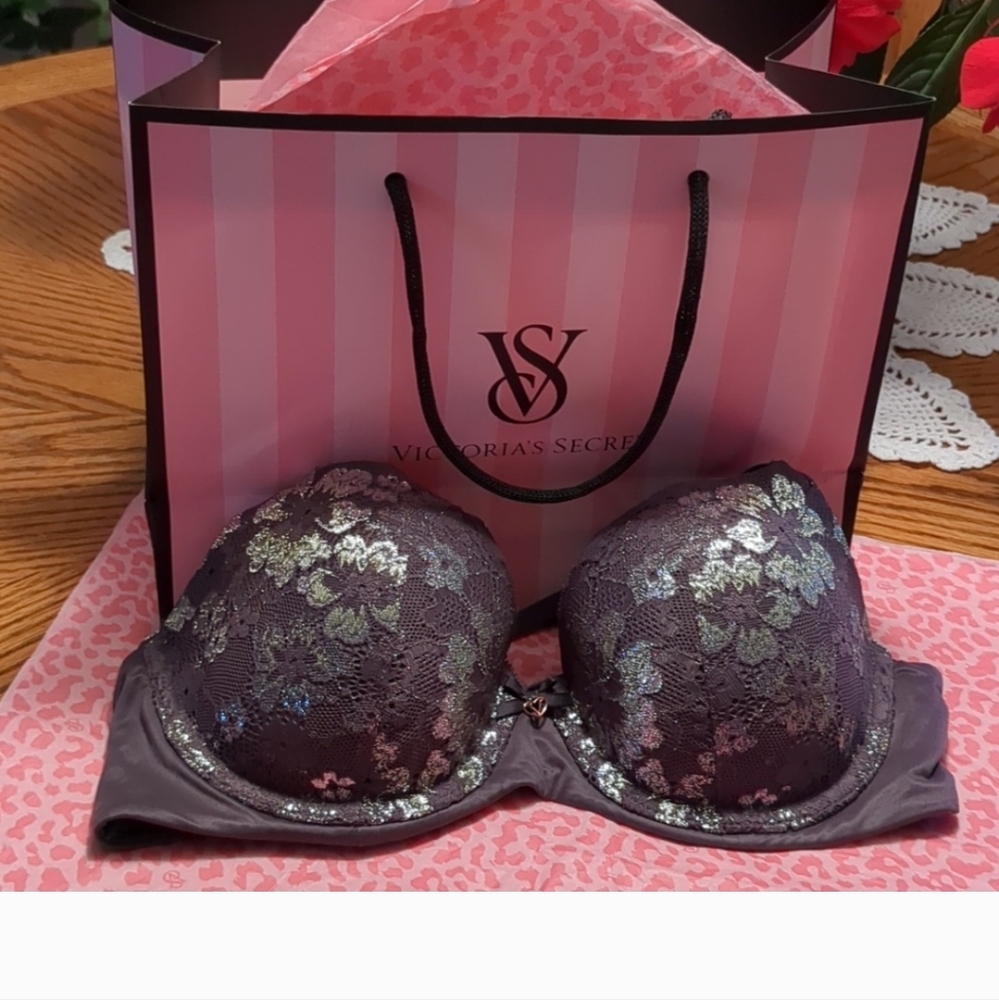 VS Body By Victoria Lined Demi Gray Shine Lace Bra 32D